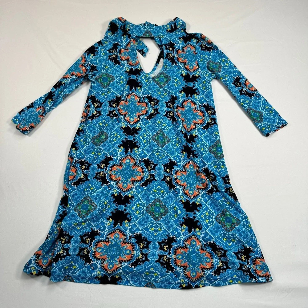 Derek Heart Women's Blue Paisley Print 3/4 Sleeve Mock Neck Mini Dress Size M